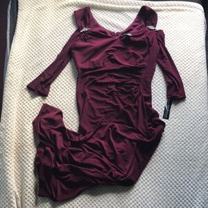 R&M Richards Merlot v- neck gown shoulder out Size 12 Brand New never worn